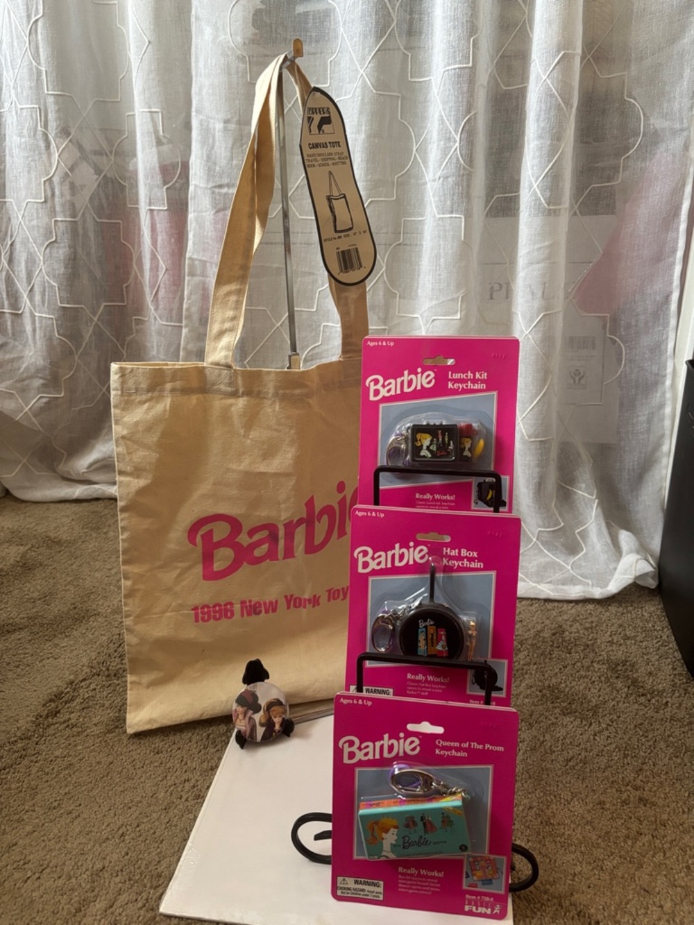 Barbie Keychain Set By Basic Fun, From 1999– 1996 NY Toy Fair Tote & Barbie Pin